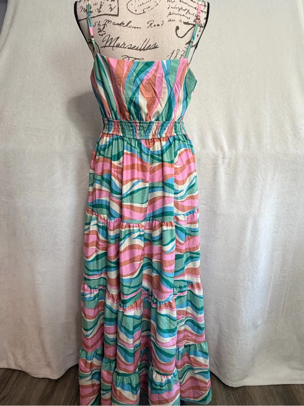 Grace and Emma Boutique Wavy Stripe Pink & Teal Maxi Dress with Front Tie - Picture 5 of 10